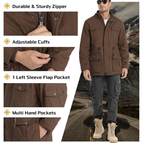 Mens Brown Thick Winter Jacket Hooded Fleece Lined Cotton Military Coat - Picture 4 of 7